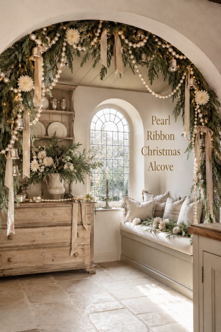 Pearl Ribbon Christmas Alcove title beside a decorated evergreen arch with champagne bows pearls bells and warm lights