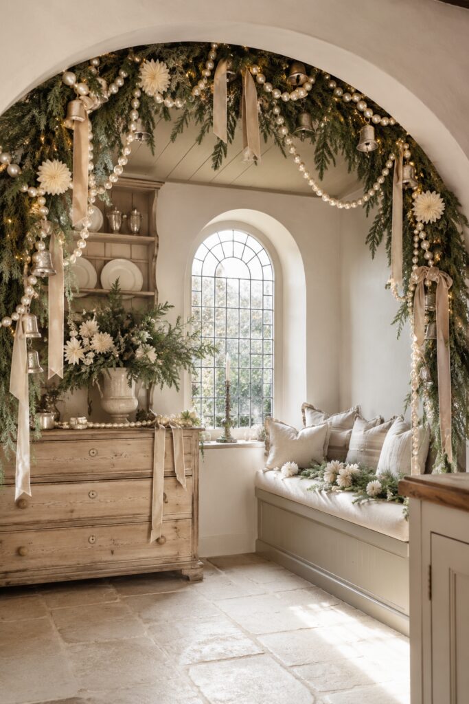 Pearl ribbon Christmas kitchen alcove with evergreen arch oversized beads vintage bells cream flowers and a cushioned bench