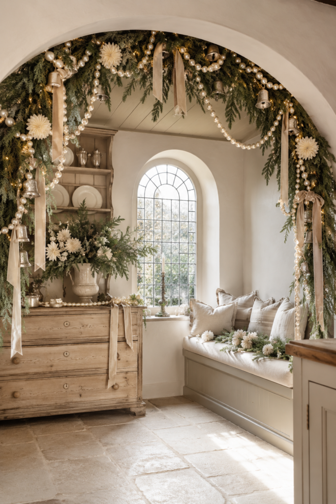 Pearl ribbon Christmas kitchen alcove with evergreen arch oversized beads vintage bells cream flowers and a cushioned bench