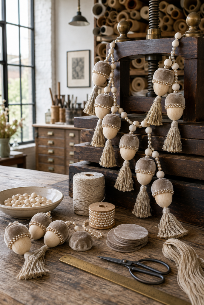 Handmade Pearl-Beaded Acorn Tassel Garland in Beige and Cream