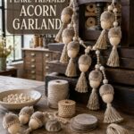 Pearl-trimmed acorn garland in beige velvet and wood with how-to-make title banner