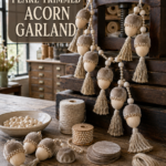 Pearl-trimmed acorn garland in beige velvet and wood with how-to-make title banner