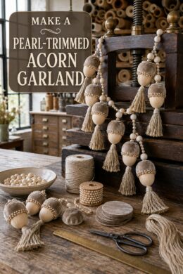 Pearl-trimmed acorn garland in beige velvet and wood with how-to-make title banner