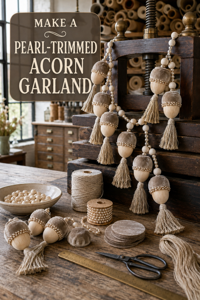 Pearl-trimmed acorn garland in beige velvet and wood with how-to-make title banner