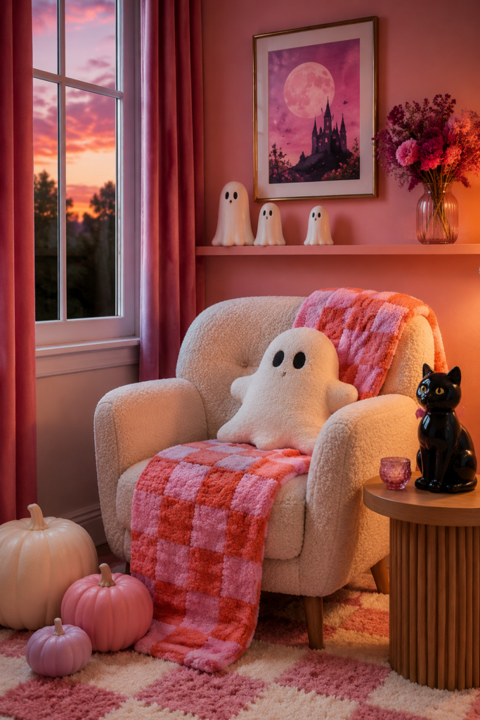 Pink Halloween reading nook with ghost pillow
