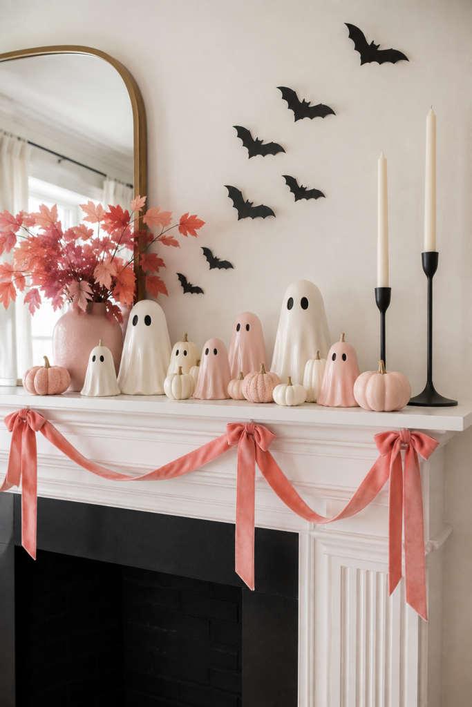 Pink Halloween ghost mantel with black bats