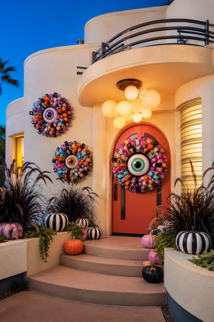 Monster eye ribbon wreaths on a coral arched door and curved stucco entry with striped pumpkins and black grasses