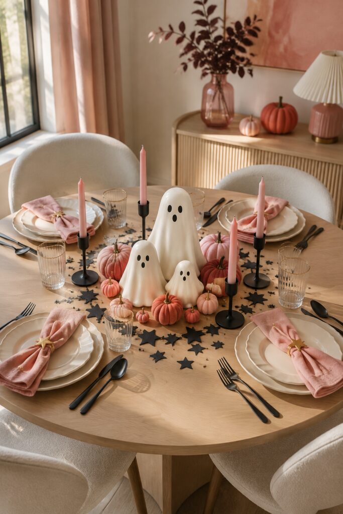 Pink Halloween table with ghost centerpiece