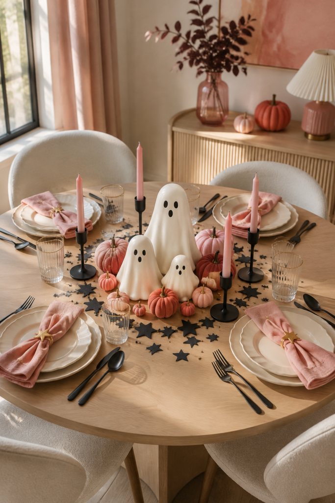 Pink Halloween table with ghost centerpiece