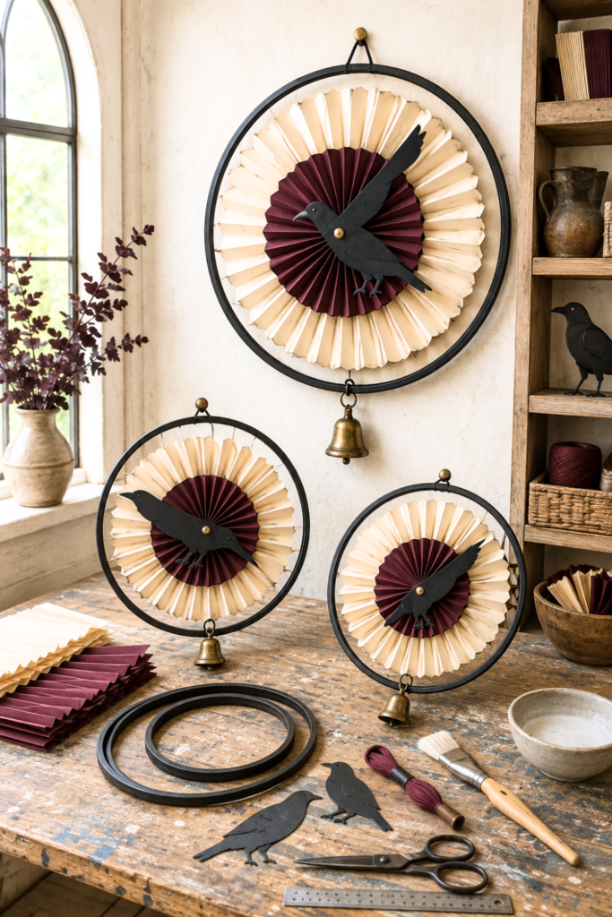 Pleated Paper Raven Clock Wreath Trio