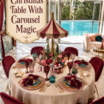 Poolhouse table with Carousel Themed Christmas Setting