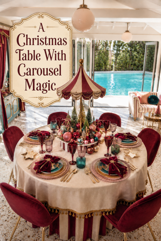 Poolhouse table with Carousel Themed Christmas Setting