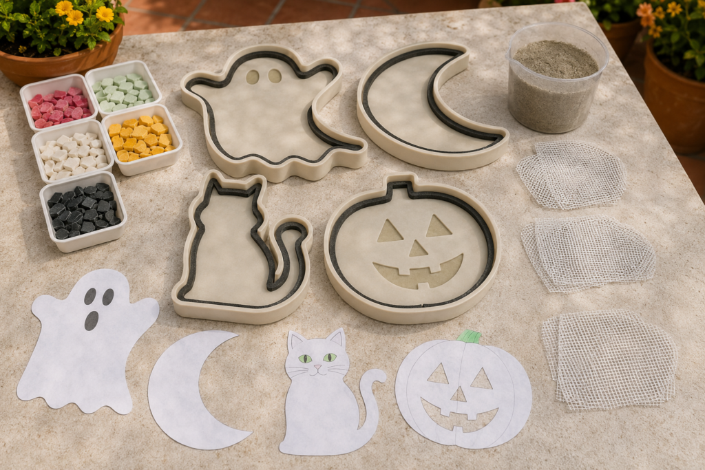 Preparing Halloween mosaic paver molds