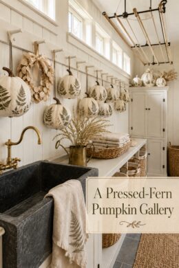 Botanical fall laundry room with fern patterned pumpkins pale wreath woven baskets and dark soapstone sink