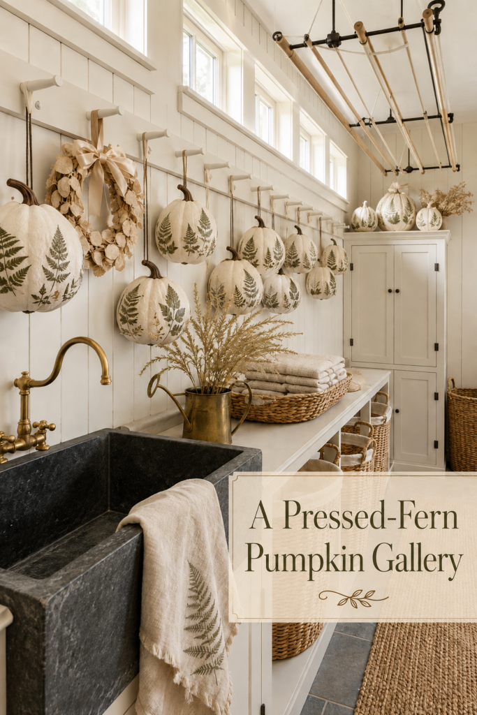Botanical fall laundry room with fern patterned pumpkins pale wreath woven baskets and dark soapstone sink