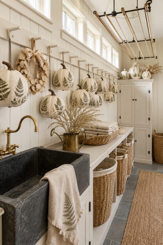 Ivory pumpkins with pressed fern designs hanging along a sunlit farmhouse laundry room wall