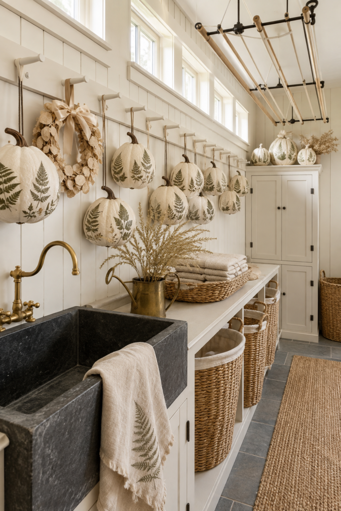 Ivory pumpkins with pressed fern designs hanging along a sunlit farmhouse laundry room wall