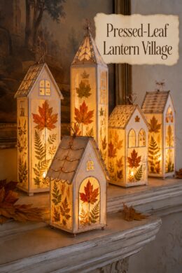 Pressed-leaf lantern fall village made of paper and vellum with tea lights on wood table