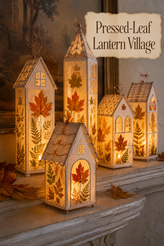 Pressed-leaf lantern fall village made of paper and vellum with tea lights on wood table