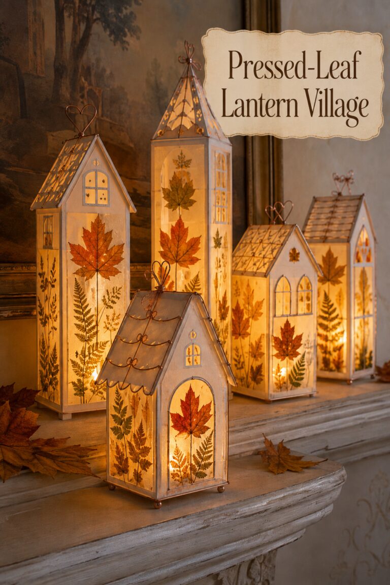 Pressed-leaf lantern fall village made of paper and vellum with tea lights on wood table