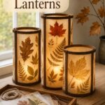 DIY Pressed-leaf lanterns made out of vellum and wood for fall displays