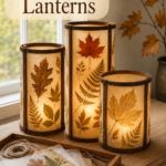 DIY Pressed-leaf lanterns made out of vellum and wood for fall displays