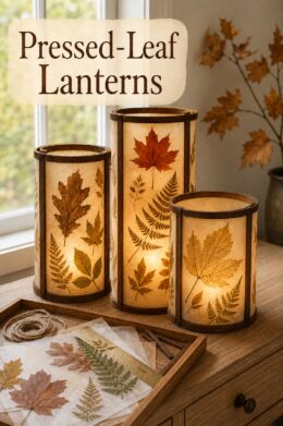 DIY Pressed-leaf lanterns made out of vellum and wood for fall displays