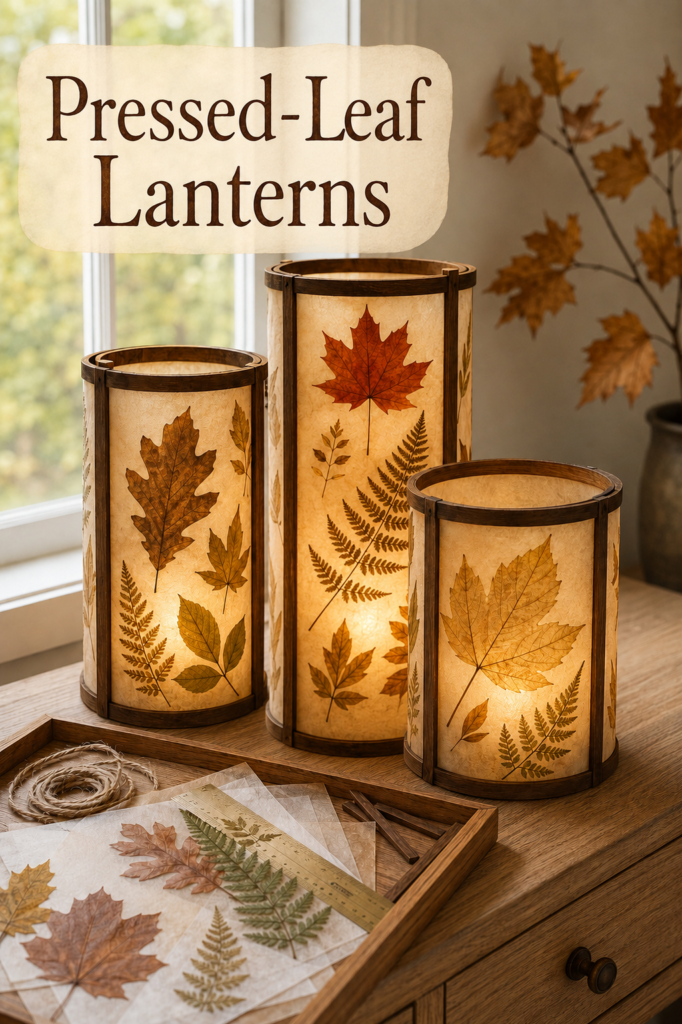 DIY Pressed-leaf lanterns made out of vellum and wood for fall displays