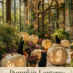 Halloween solarium filled with illuminated butterfly pumpkins lush plants black cat figures and a warm editorial title panel