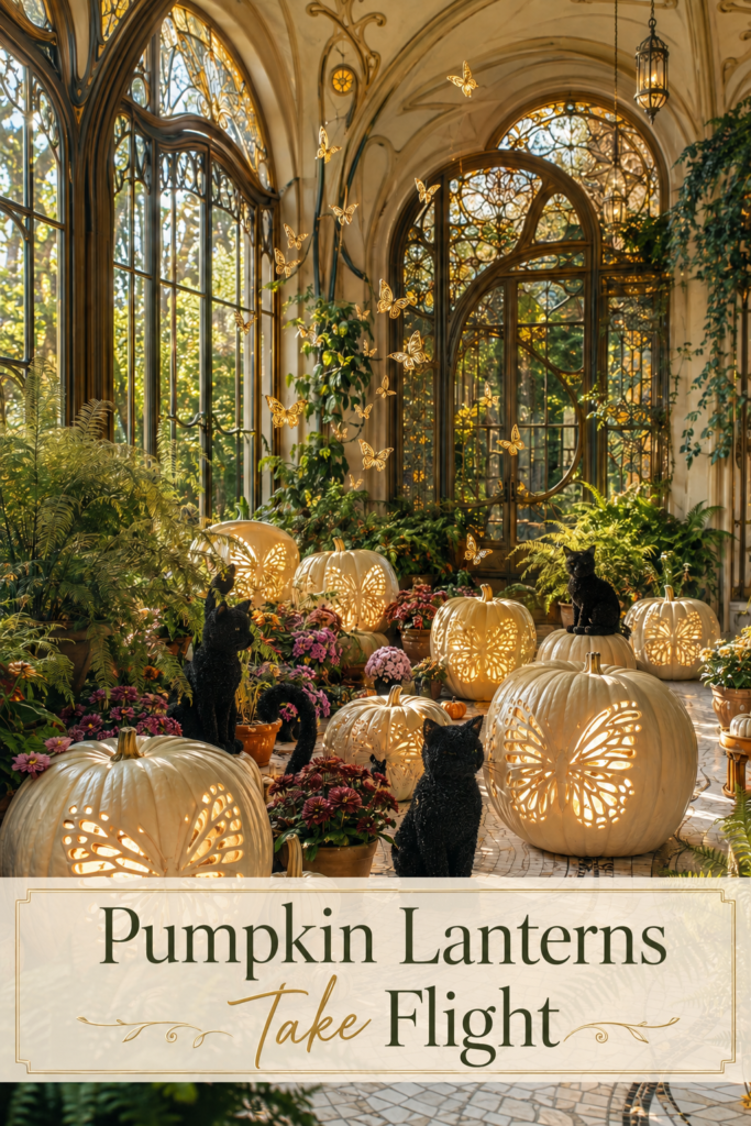 Halloween solarium filled with illuminated butterfly pumpkins lush plants black cat figures and a warm editorial title panel