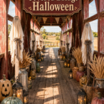 Pumpkins Lanterns and Ghosts on Old Wood Bridge