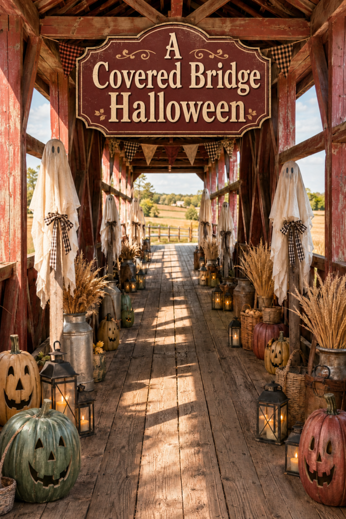 Pumpkins Lanterns and Ghosts on Old Wood Bridge