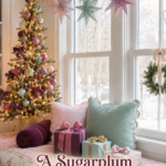 Purple Pink and Mint Green Christmas Decor by Window Seat with Glitter Star Garland