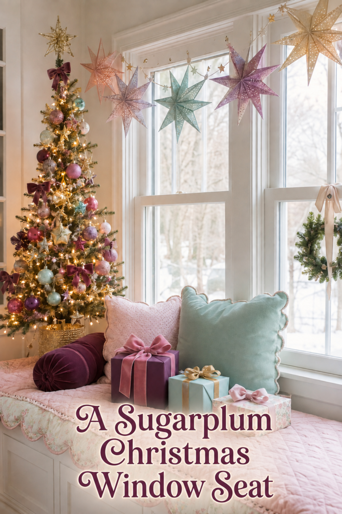 Purple Pink and Mint Green Christmas Decor by Window Seat with Glitter Star Garland