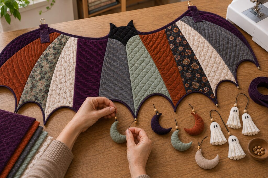 Quilted bat with moon and ghost dangles