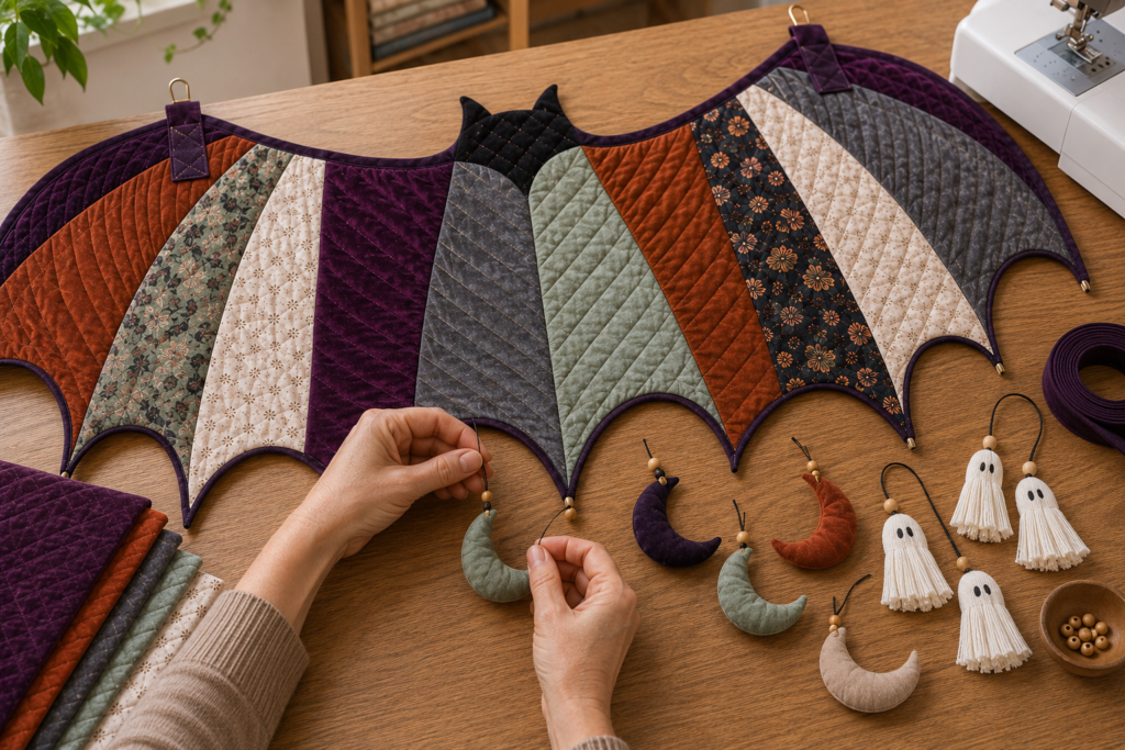 Quilted bat with moon and ghost dangles