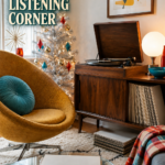 Midcentury holiday music nook with retro Christmas listening corner headline silver tree and record player