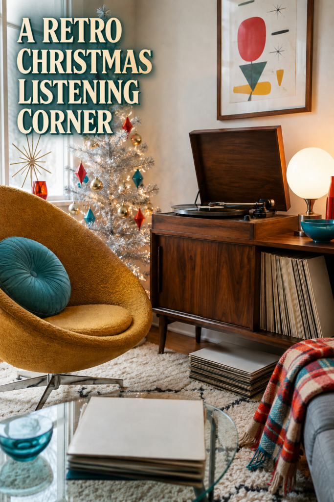 Midcentury holiday music nook with retro Christmas listening corner headline silver tree and record player