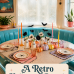 Retro Halloween brunch in a turquoise diner nook with scalloped place settings ghost centerpiece and pink checkerboard floor