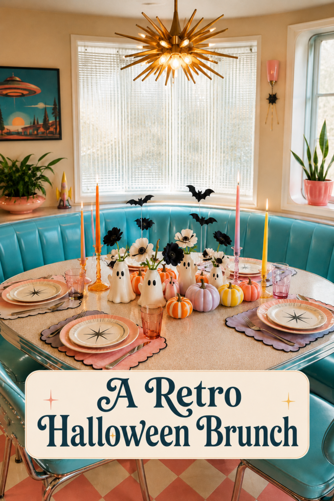 Retro Halloween brunch in a turquoise diner nook with scalloped place settings ghost centerpiece and pink checkerboard floor