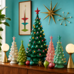 retro ceramic tree Christmas display with multicolor lights starburst wall decor and walnut credenza