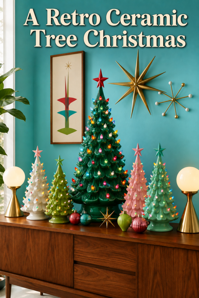 retro ceramic tree Christmas display with multicolor lights starburst wall decor and walnut credenza