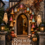 Ring in the Halloween magic title below an illuminated bell arch framing a stone Tudor doorway