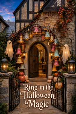 Ring in the Halloween magic title below an illuminated bell arch framing a stone Tudor doorway