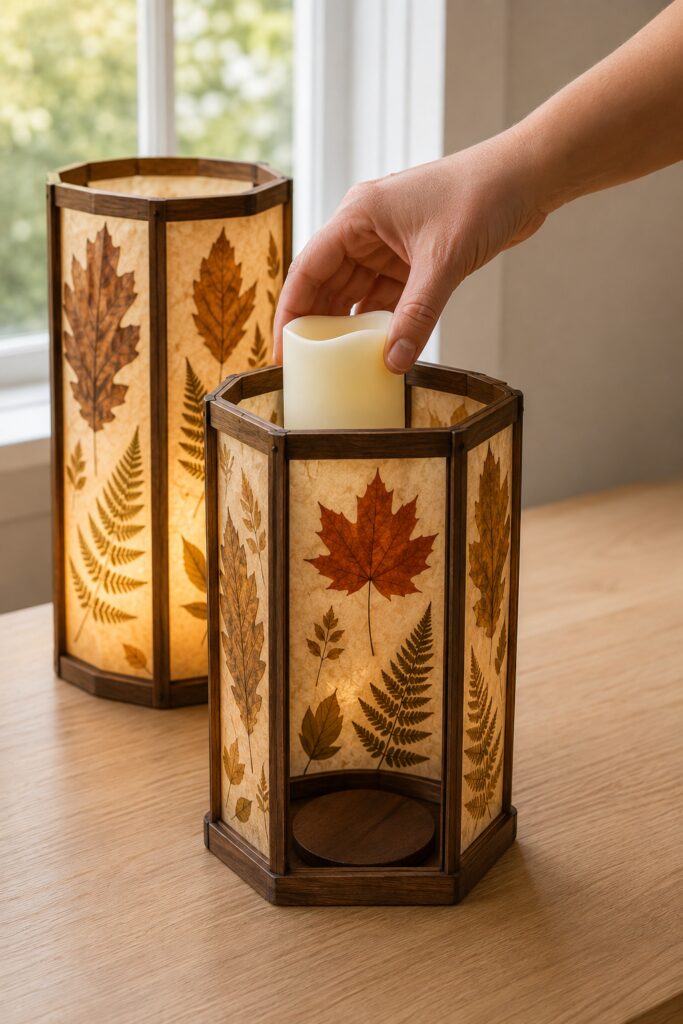 Safe flameless lighting for a pressed-leaf lantern