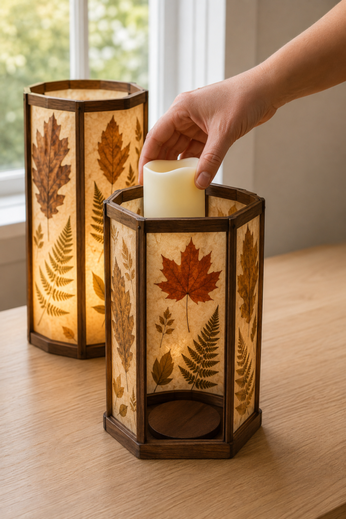 Safe flameless lighting for a pressed-leaf lantern
