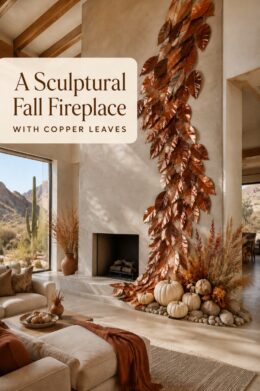 Sculptural Fall Leaf and Pumpkin Fireplace Wall