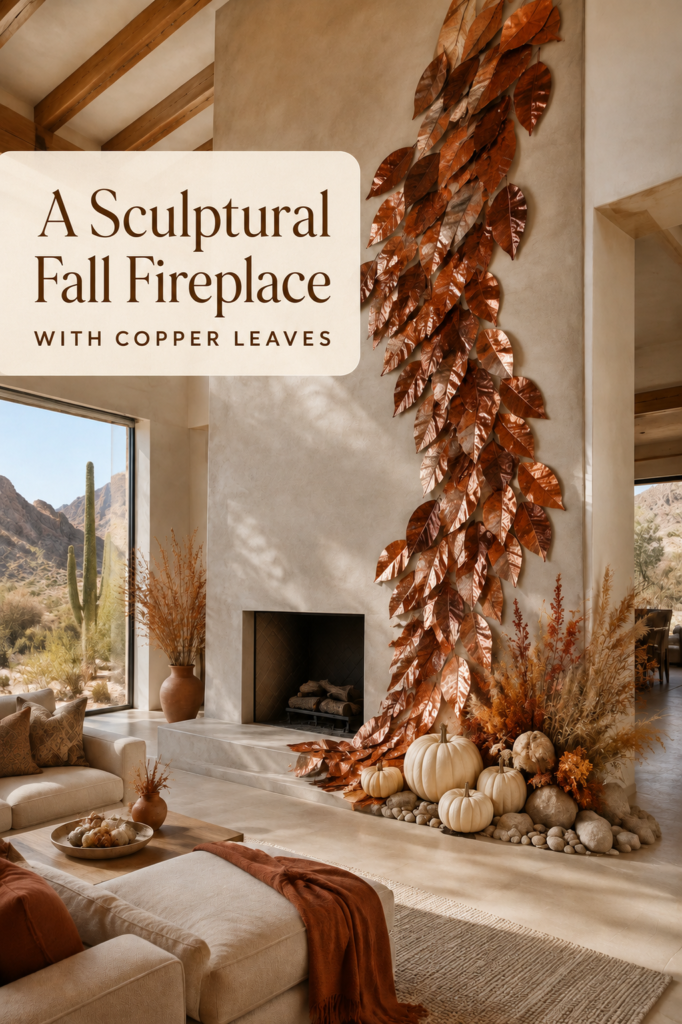 Sculptural Fall Leaf and Pumpkin Fireplace Wall