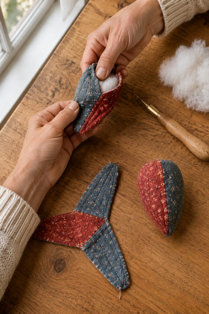 Shaping and stuffing a patchwork acorn
