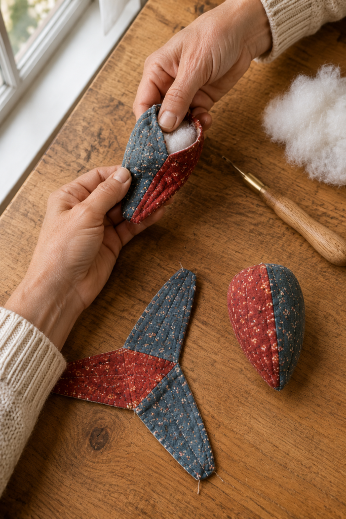 Shaping and stuffing a patchwork acorn